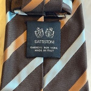 Battistoni / Barneys New York Necktie - brown with tan and light blue stripes